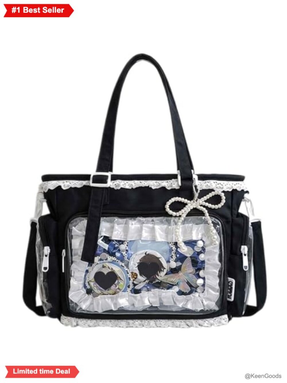 Kawaii Ita Crossbody Tote Bag with Display Insert and Pearl Bow Trim